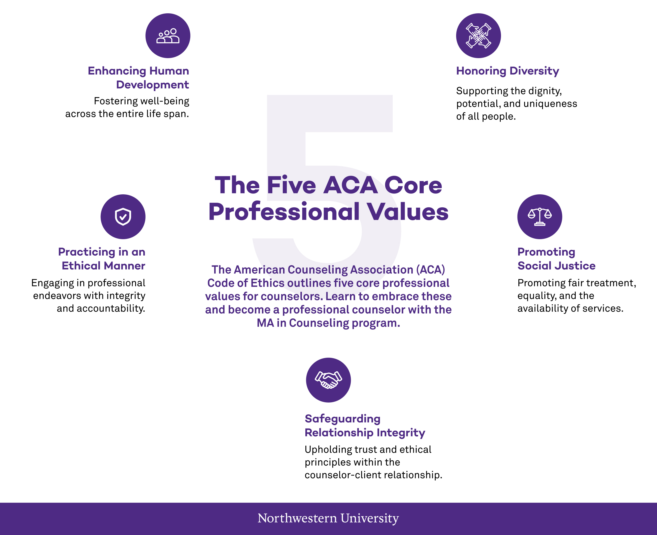 Infographic detailing the 5 core professional values of the American Counseling Association Code of Ethics